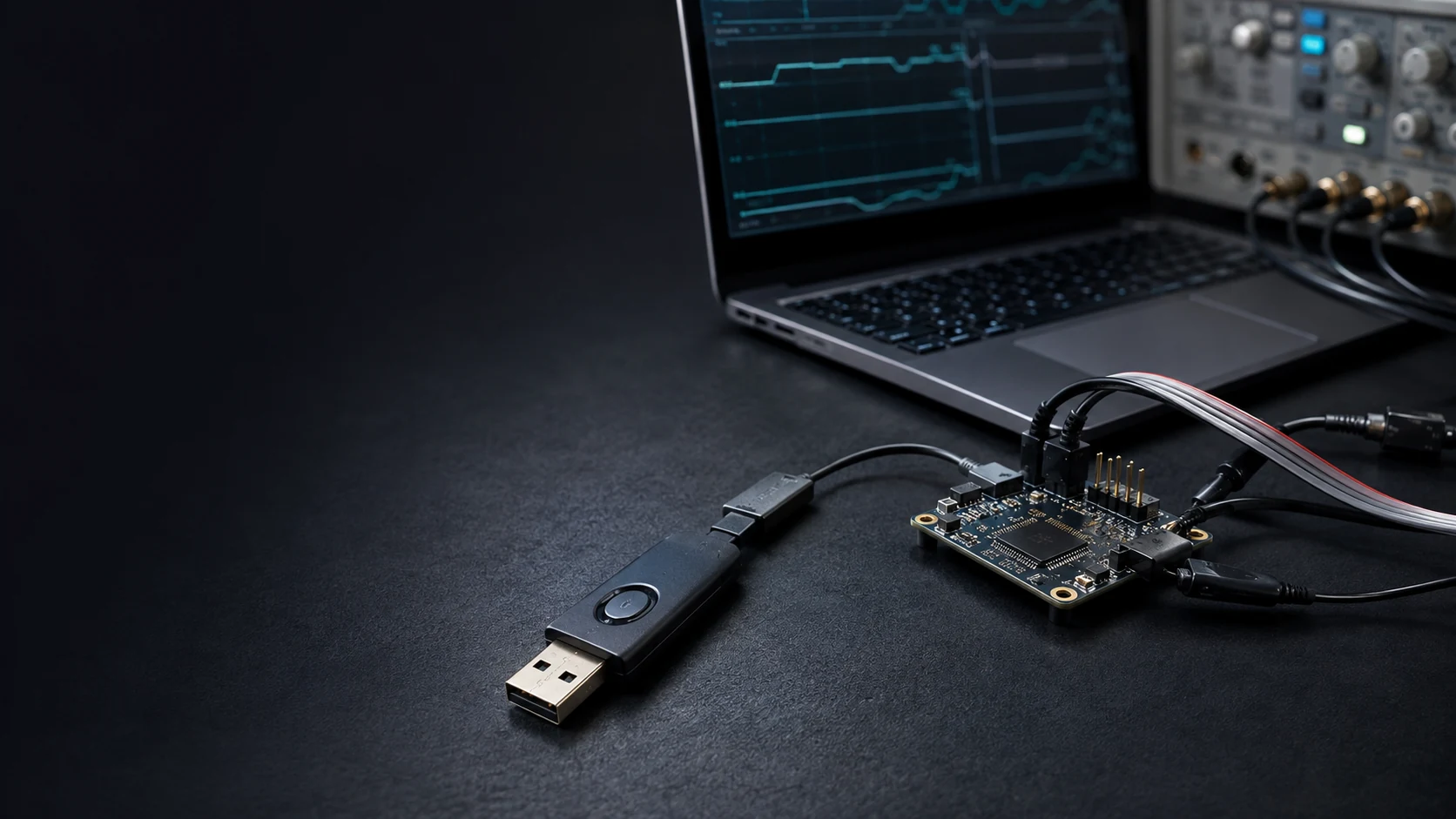 Illustrative electronics demonstration setup with a security key, embedded board and test equipment