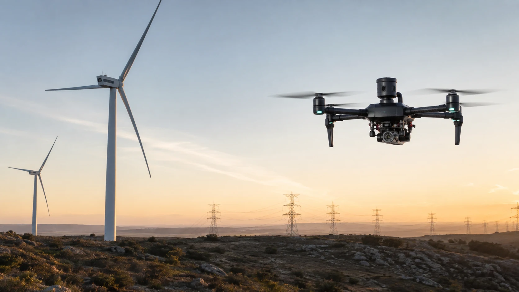 Illustrative drone inspecting energy infrastructure