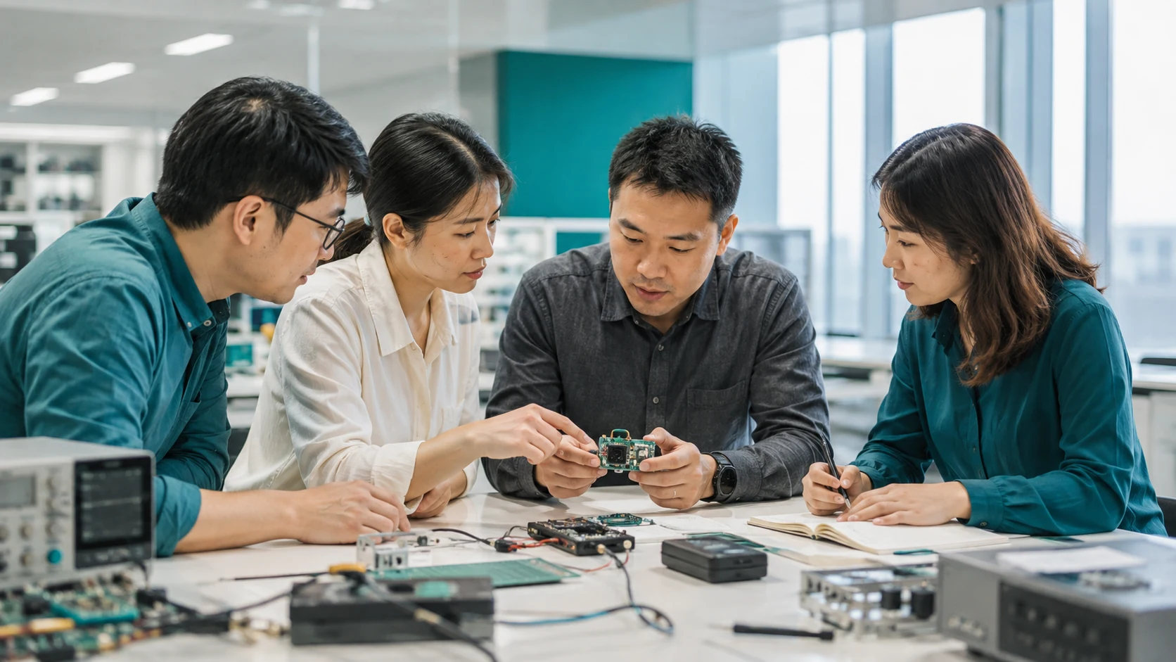 Illustrative electronics experts discussing a system architecture